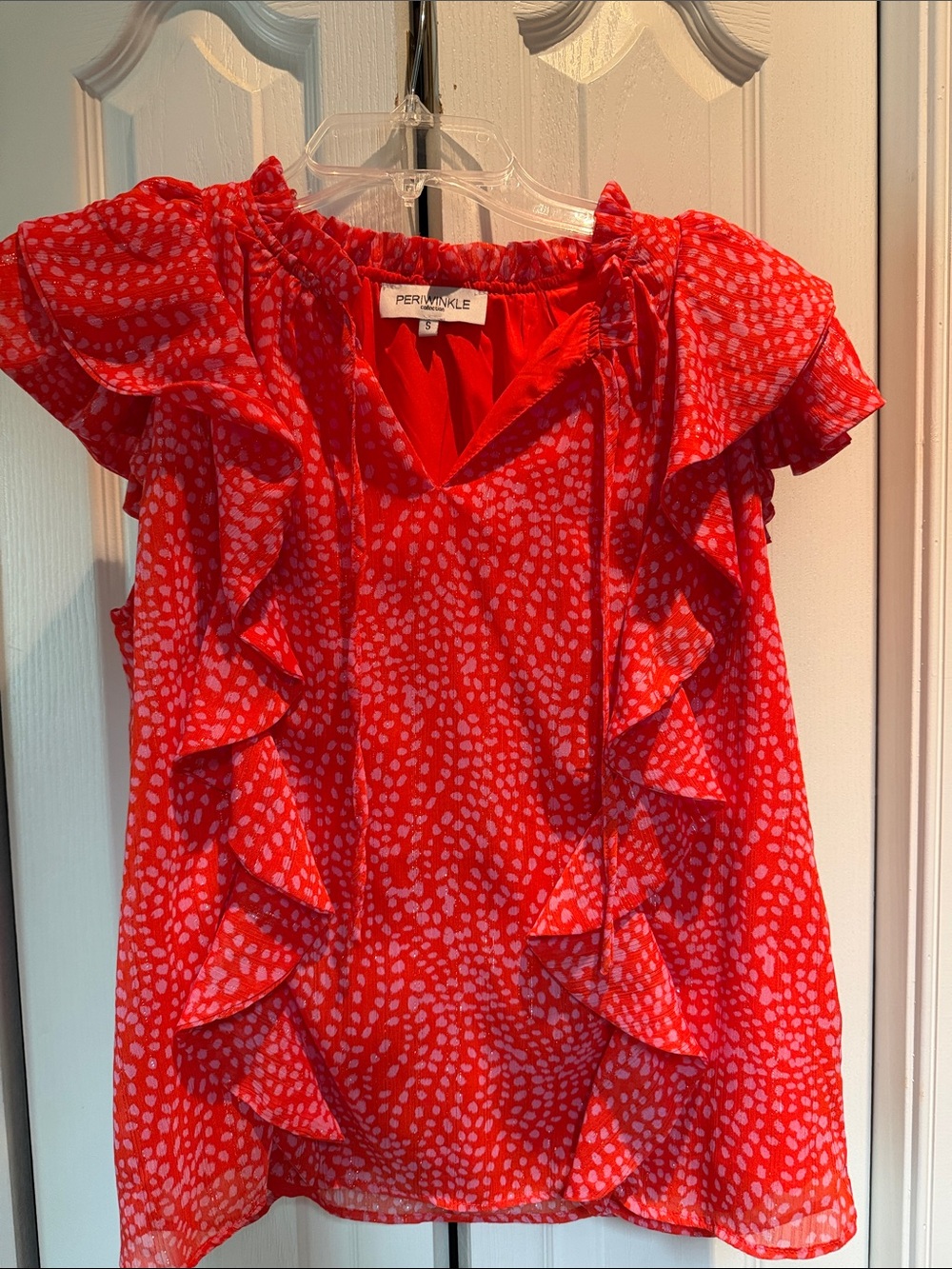 Periwinkle by Barlow Red Ruffle Sleeve Blouse with Pink Dot Print